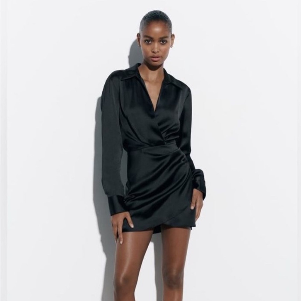 Zara Black Satin Effect Mini Dress! Size Medium. NWOT!